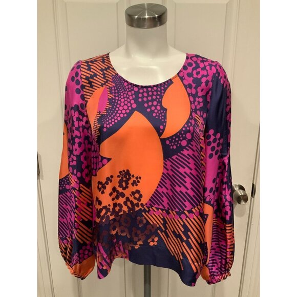 See By Chloe Purple, Orange & Navy Geometric Print 100% Silk Shirt, Size 6 (US) - Picture 1 of 8